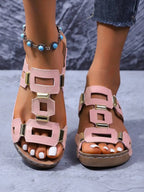 Women's Soft-Soled, Chunky-Heeled Studded Open-Toe Sandals in an Elegant Checkered Sequin Design—Perfect for parties, school, sports, the beach, bohemian looks, casual wear, cute outfits, weddings, and sexy nightclub looks