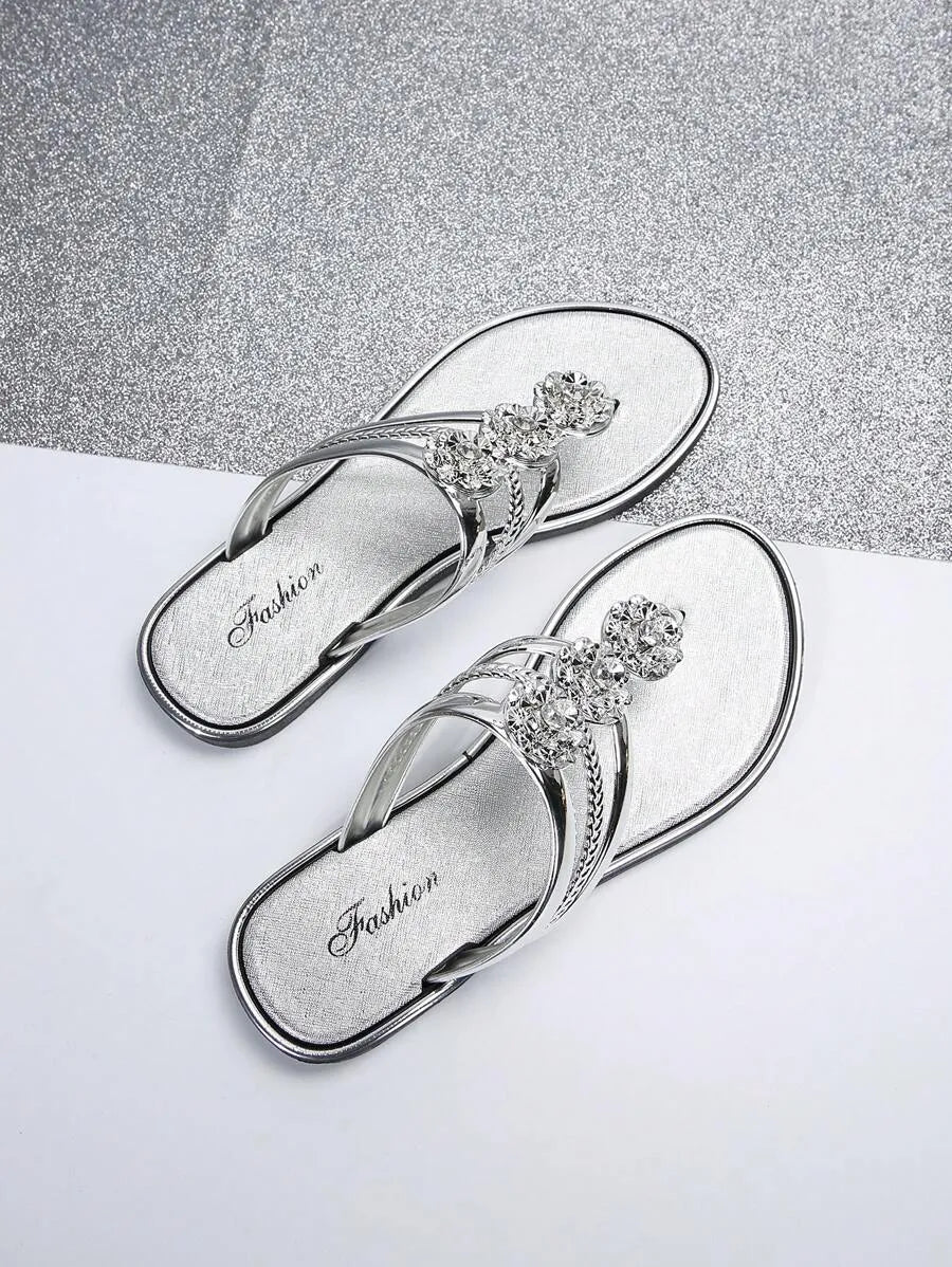 Summer Elegant Flat Sandals and Flip-Flops with Rhinestone Accents
