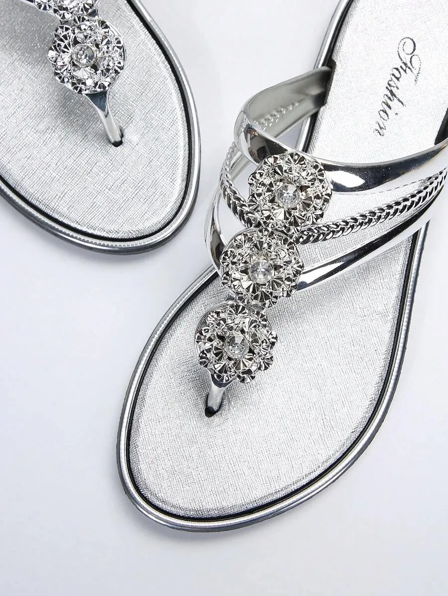 Summer Elegant Flat Sandals and Flip-Flops with Rhinestone Accents
