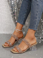 New comfortable and minimalist sandals with a square toe, featuring a chunky heel and a woven transparent heel, designed specifically for plus-size women and perfect for outdoor activities and the beach.